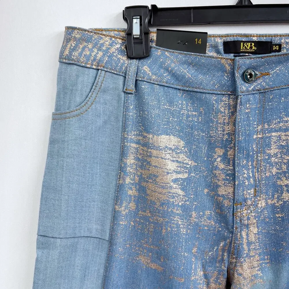 L&B Lucky & Blessed Boyfriend Jeans Gold Leaf Panel Light Wash Women's Size 14 - Picture 3 of 9